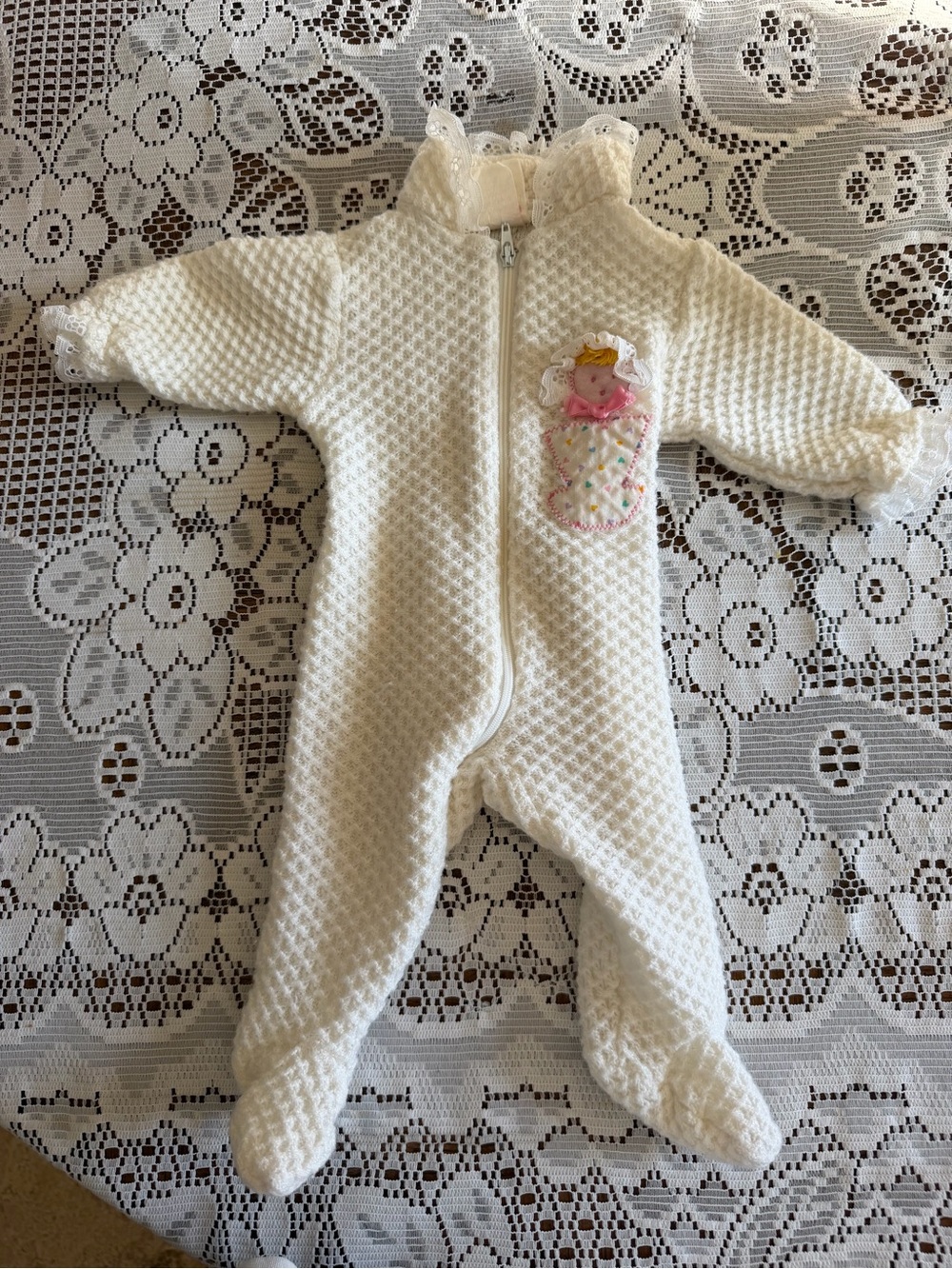Vintage Baby Cream One-Piece Footed Romper with Princess Applique